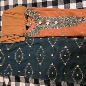 Embellished Orange and Blue Tiered Wedding Guest Dress, Pakistani Party Dress,